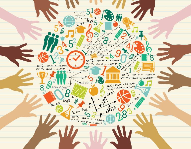 Illustration of diverse hands reaching toward a circular globe filled with colorful icons representing community, health, education, environment, and social connection.